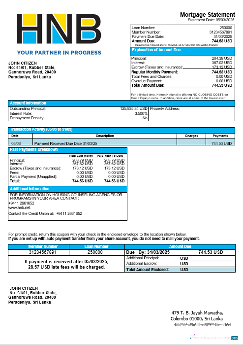 Download Sri Lanka Hatton National Bank mortgage statement in Word and PDF formats Photoshop template